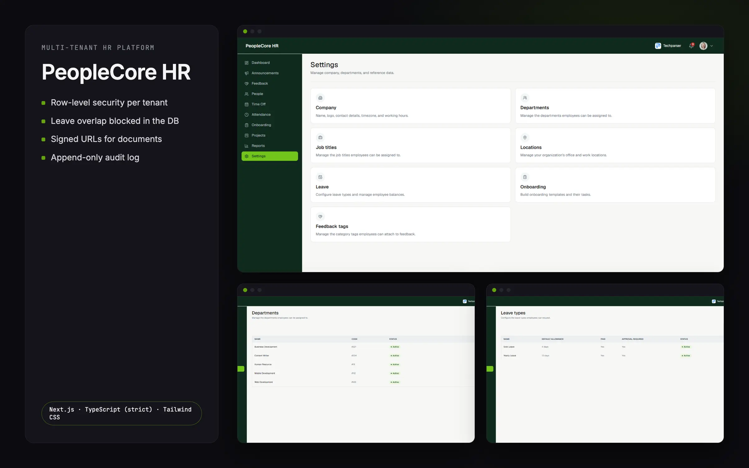 Techparser product build — app screens